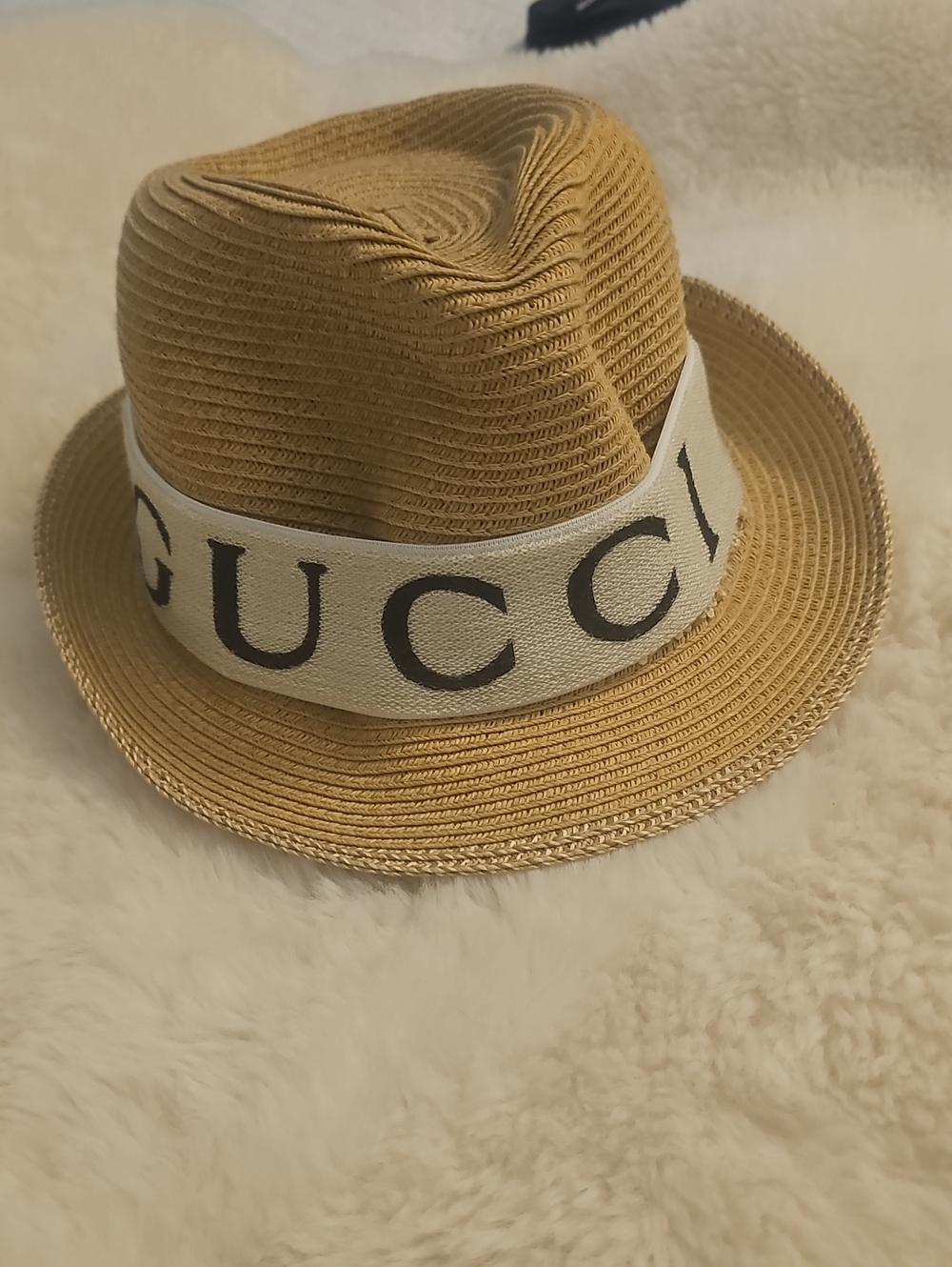 Tan Straw Fedora with White Logo Band